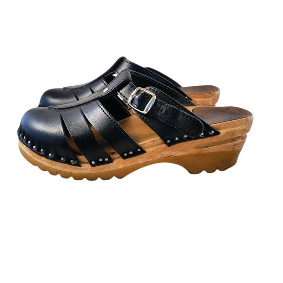 Troentorp Swedish Leather Clogs Black Cut-Out Wood Sole Sandals Size 36 - Picture 2 of 10